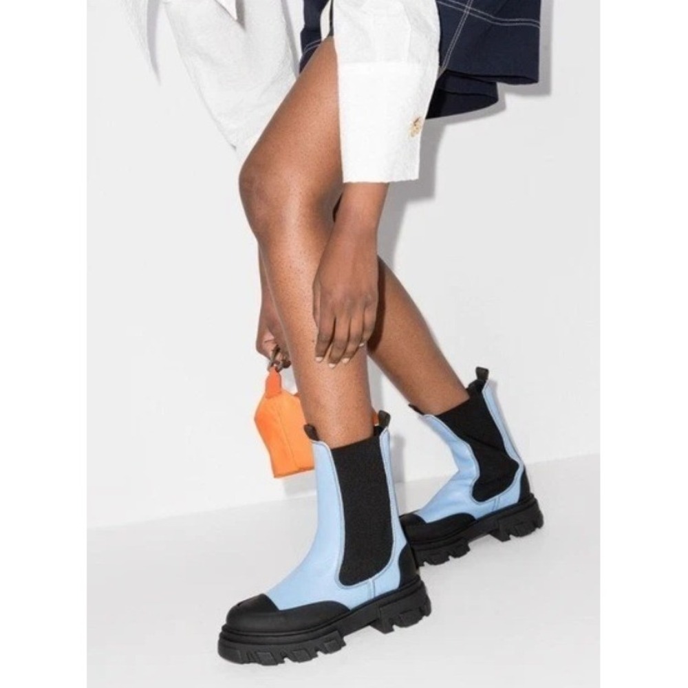 Ganni Cleated Mid Chelsea Boots Placid Blue Black Leather Lug Sole Platform EU38